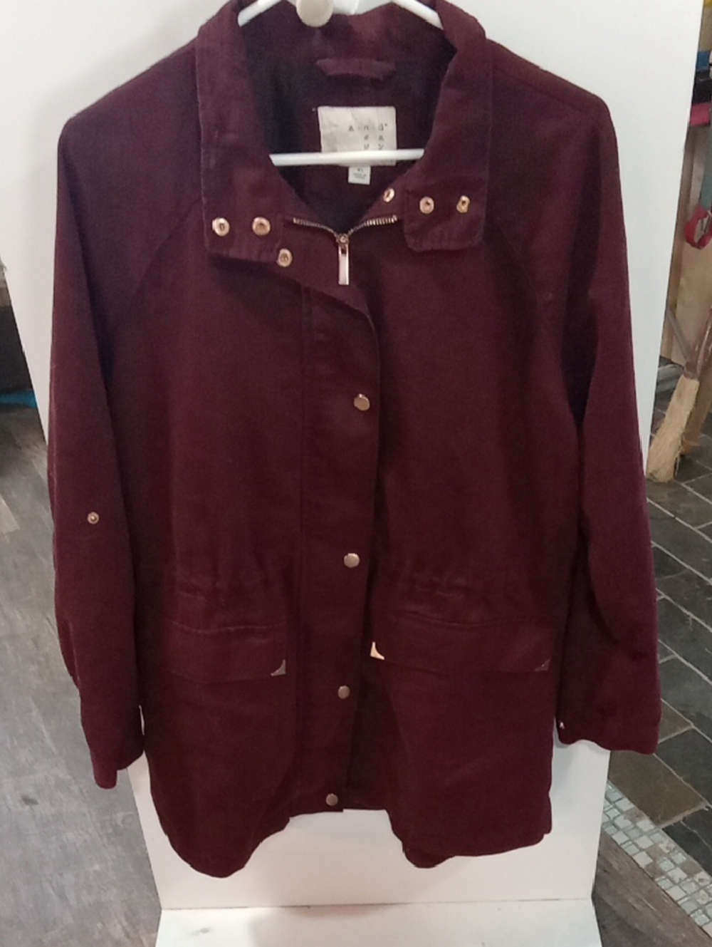 (540) a new day, Burgundy Utility Jacket with Gold Hardware Accents